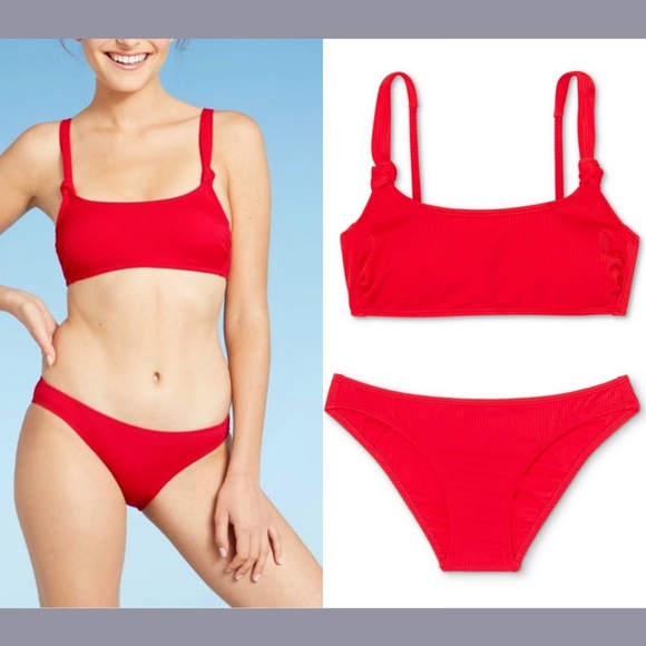 NWT 2PC Set Xhilaration [ Medium ] Ribbed Knotted Top + Cheeky Bikini Bottom Red - Picture 1 of 12